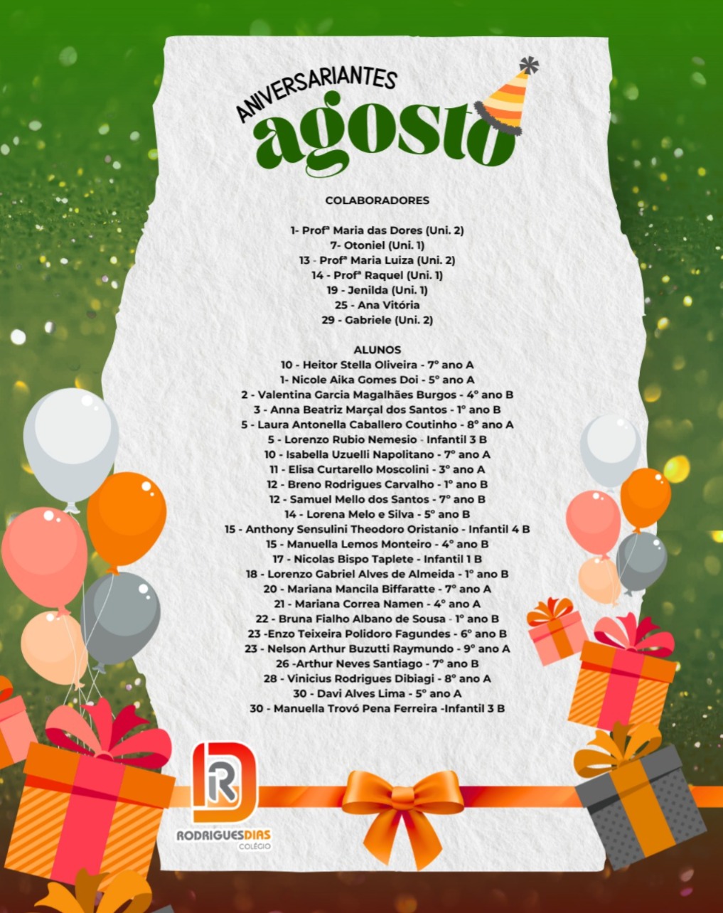 Lista de aniversariantes do mês de Agosto de 2026 - Colégio Rodrigues Dias