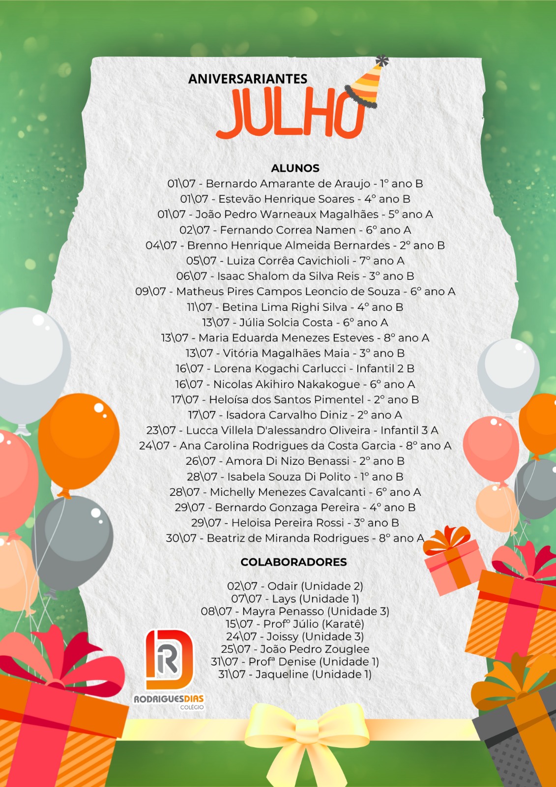 Lista de aniversariantes do mês de Julho de 2026 - Colégio Rodrigues Dias